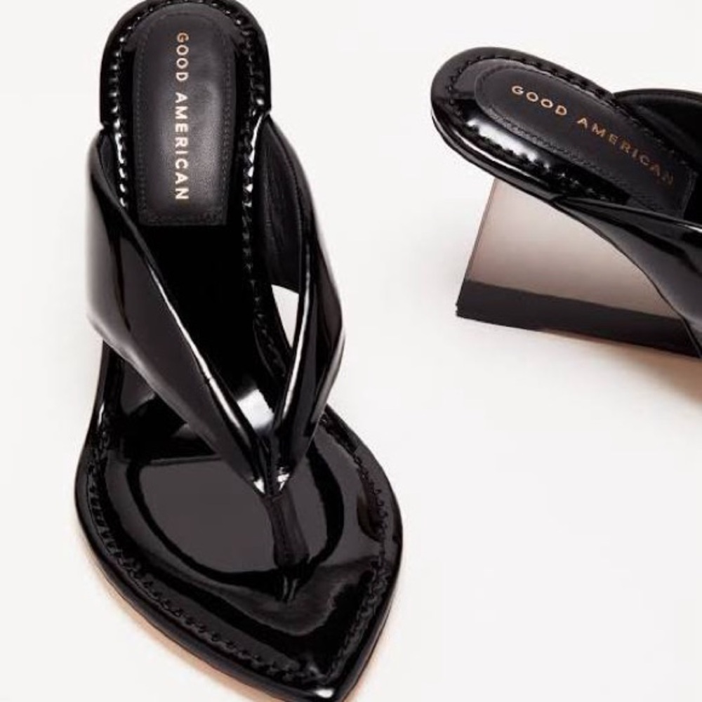 GOOD AMERICAN CINDER RELLA PATENT LEATHER THONG CLEAR WEDGE SANDALS NIB SZ 8 - Picture 6 of 14